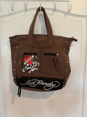 Ed Hardy Christian Audigier Love Kills Slowly brown canvas tote bag skull heart